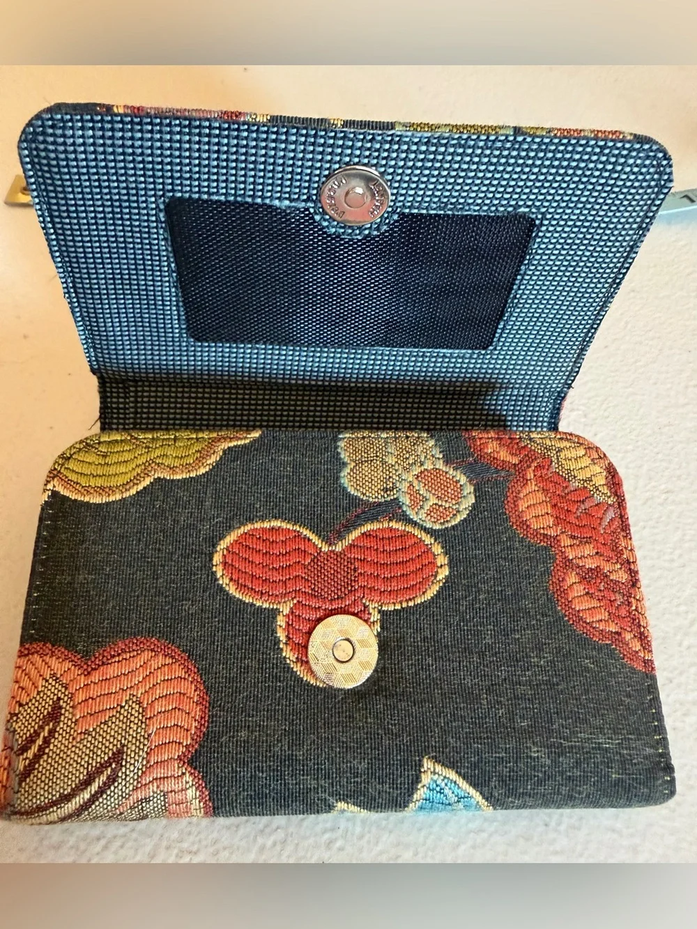 Floral Embroidered Wallet 3 Panel in Black with Multicolor Blooms